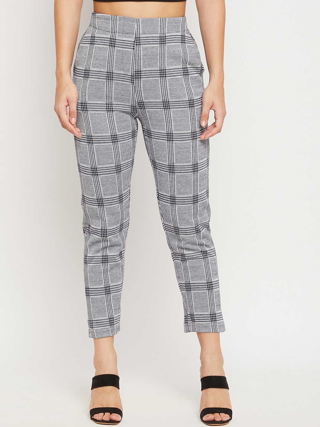 

Austin wood Women Grey Checked Smart Cotton Cigarette Trouser