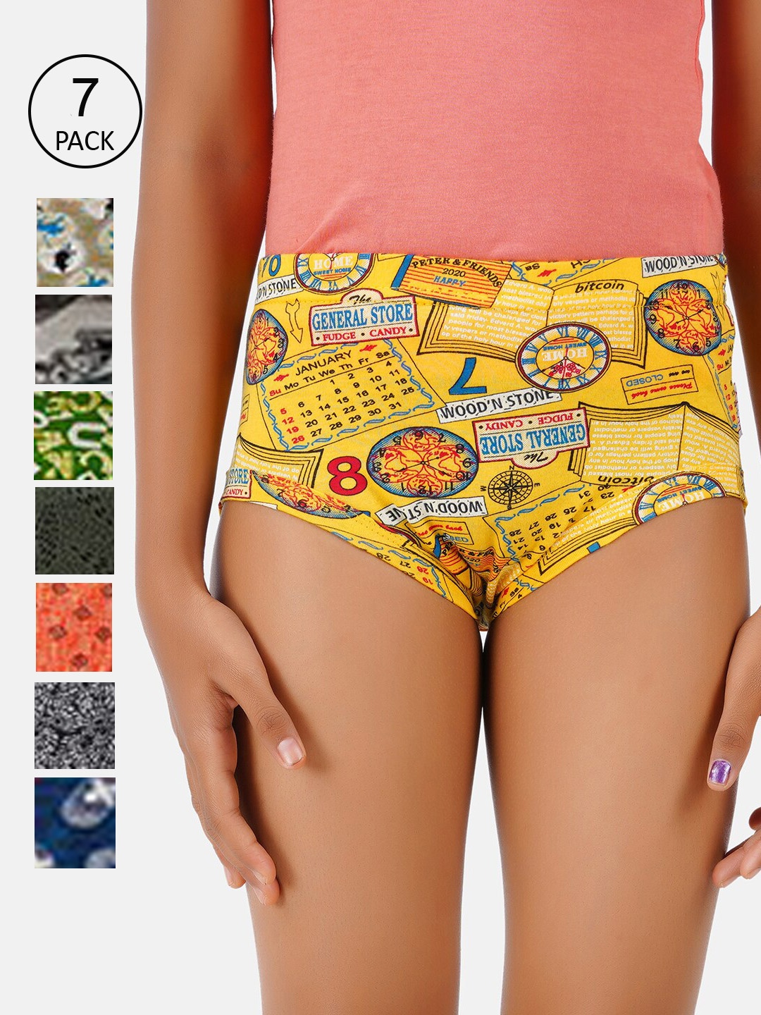 

Ramraj Girls Set Of 7 Assorted Printed Pure Cotton Hipster Briefs