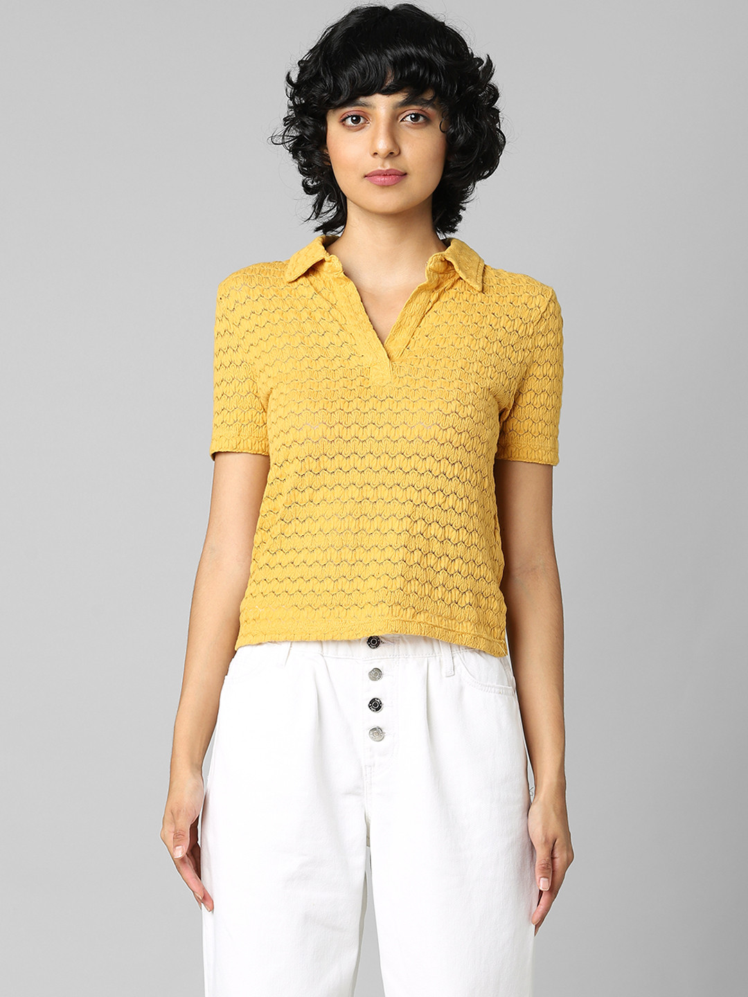 

ONLY Women Yellow Polo Collar Slim Fit T-shirt