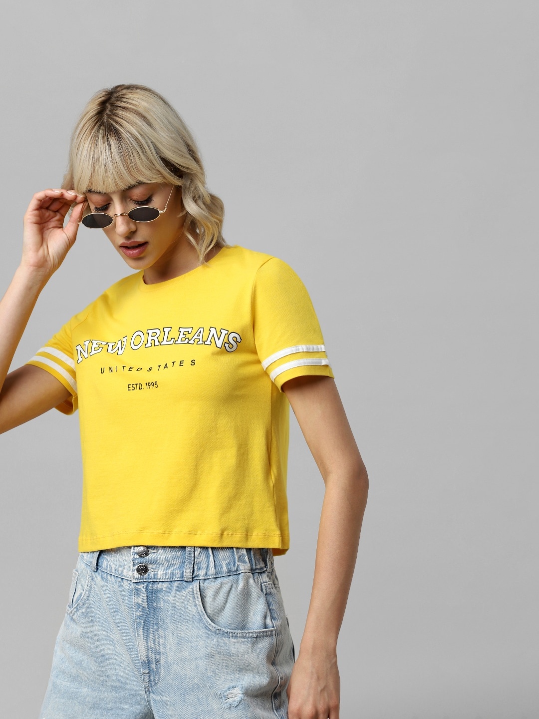 

ONLY Women Yellow & White Typography Printed Cotton T-shirt