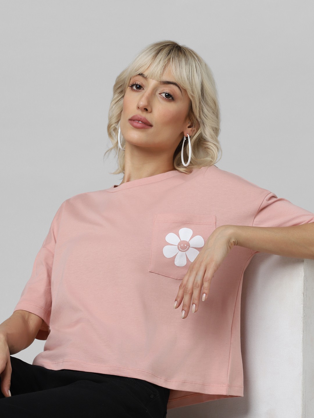 

ONLY Women Pink Solid Drop-Shoulder Sleeves T-shirt