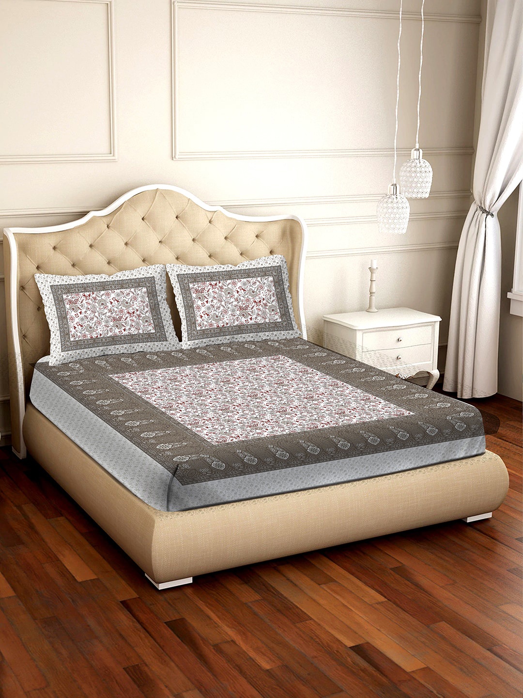 

BELLA CASA Brown & Pink Floral 210 TC King Bedsheet with 2 Pillow Covers