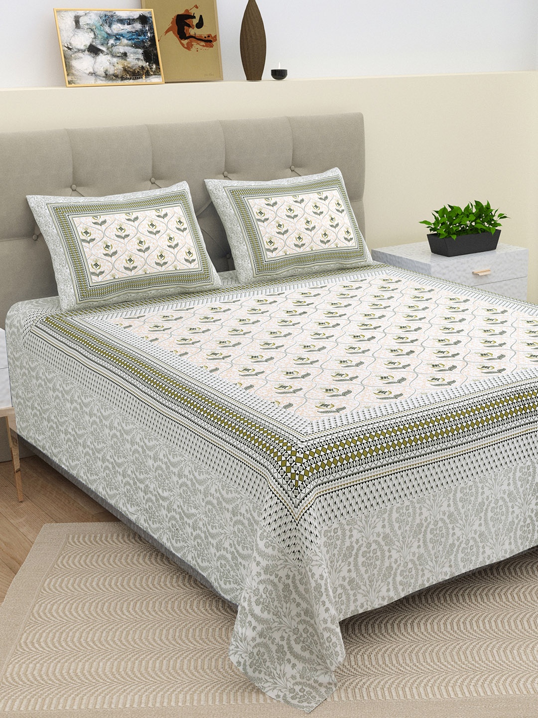 

BELLA CASA Green & White Ethnic Motifs 210 TC King Bedsheet with 2 Pillow Cover