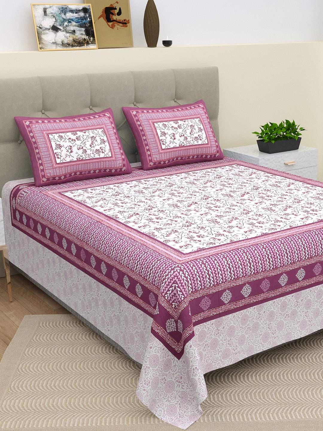 

BELLA CASA Pink & Off White Floral 210 TC King Bedsheet with 2 Pillow Covers