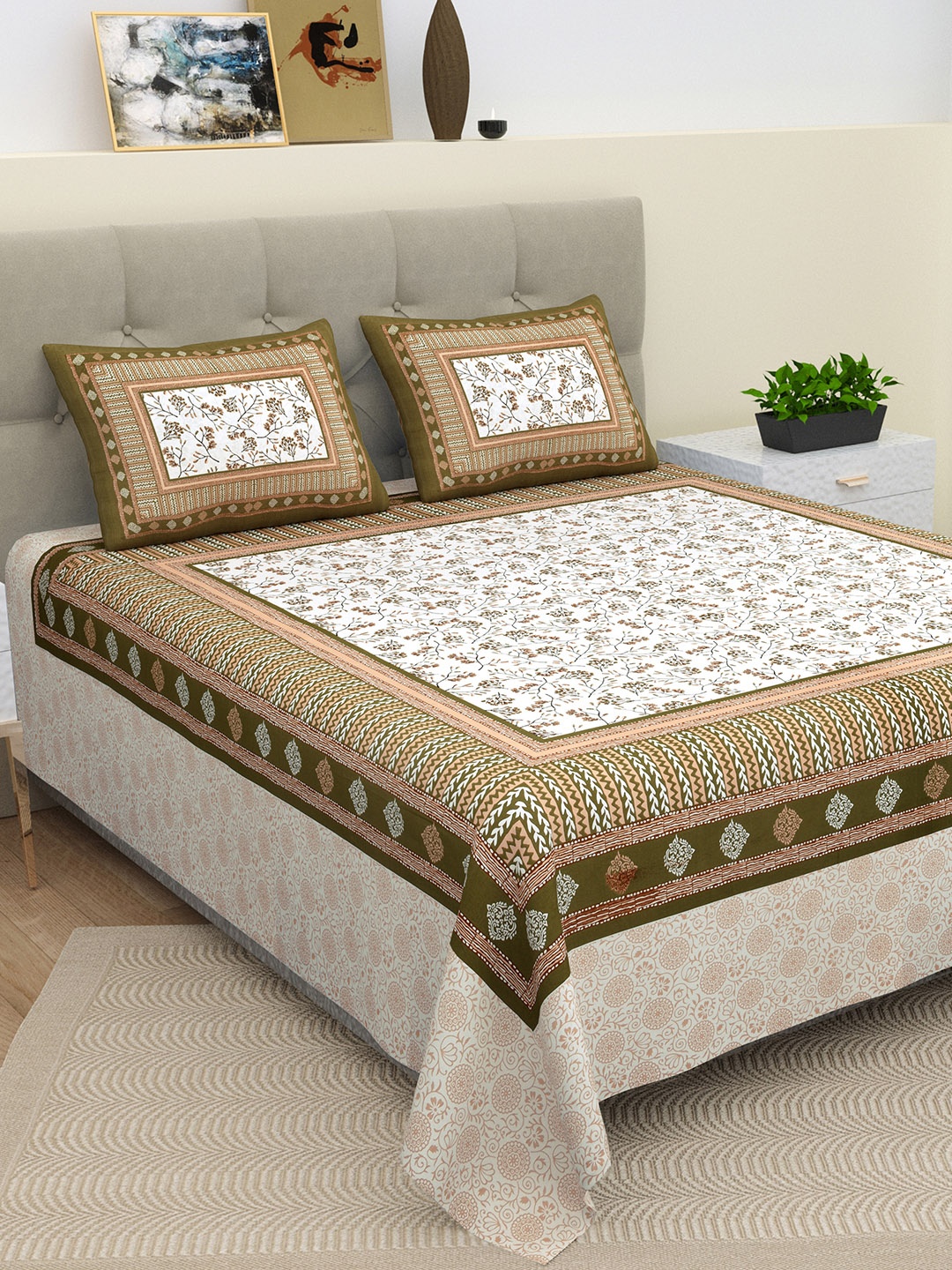 

BELLA CASA Brown & White Floral 210 TC Cotton King Bedsheet with 2 Pillow Covers