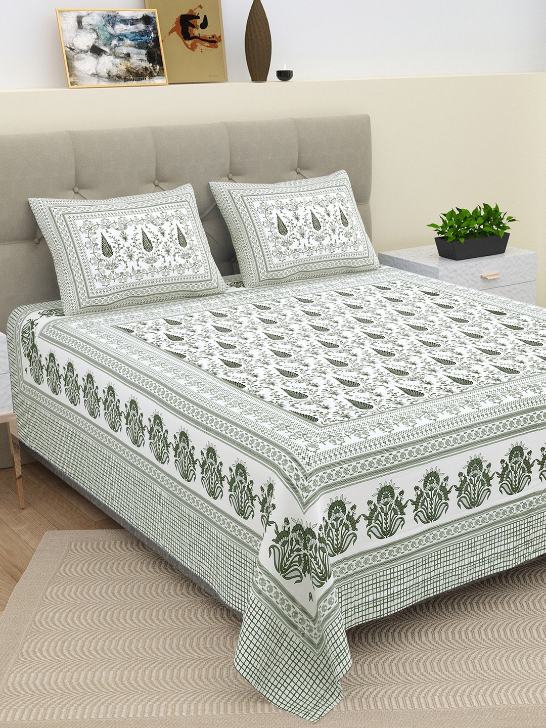 

BELLA CASA Grey & White Ethnic Motifs 210 TC King Bedsheet with 2 Pillow Covers
