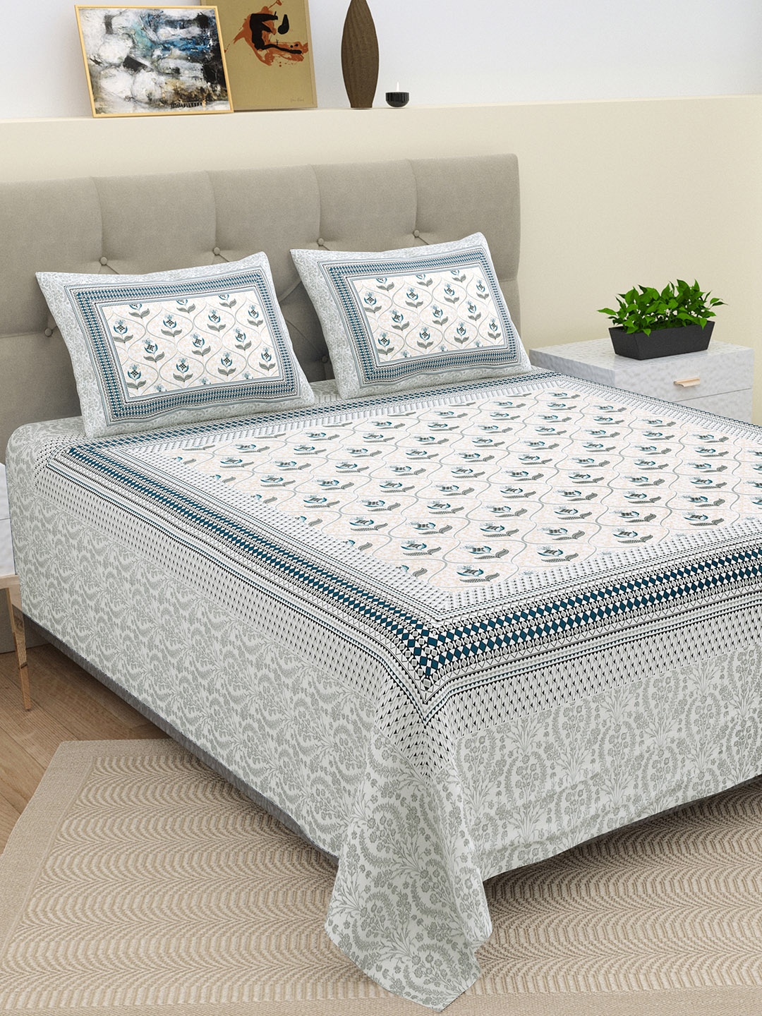 

BELLA CASA Blue & White Floral 210 TC King Bedsheet with 2 Pillow Covers