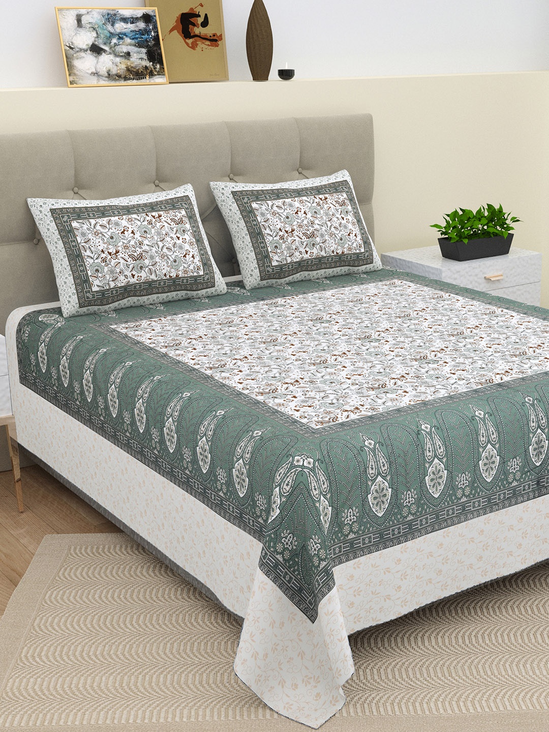 

BELLA CASA Teal & White Floral 210 TC King Bedsheet with 2 Pillow Covers