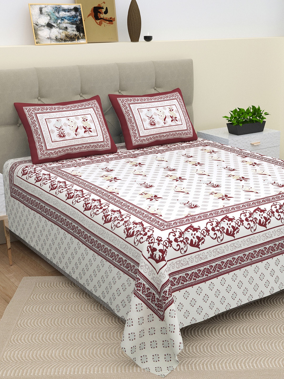 

BELLA CASA Pink & Off White Cotton Floral 210 TC King Bedsheet with 2 Pillow Covers