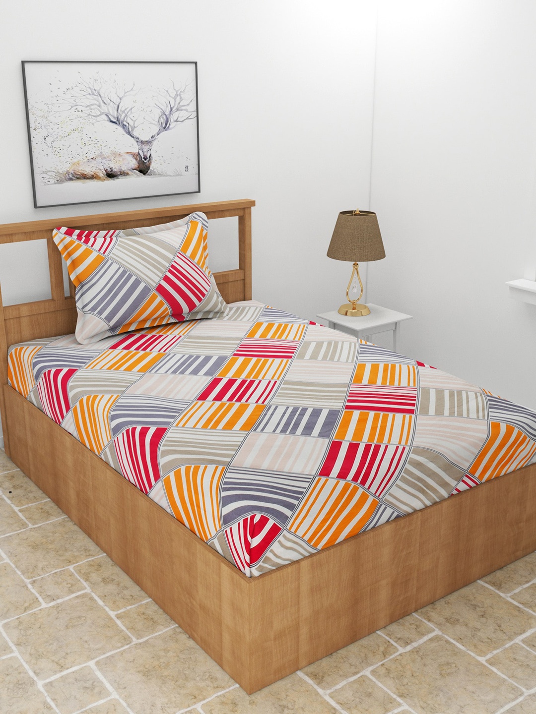 

MORADO Geometric 180 TC Single Bedsheet with 1 Pillow Cover, Grey