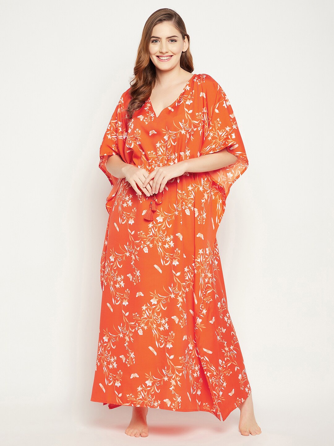 

Clovia Floral Print Crepe Maxi Kaftan Nightdress, Orange