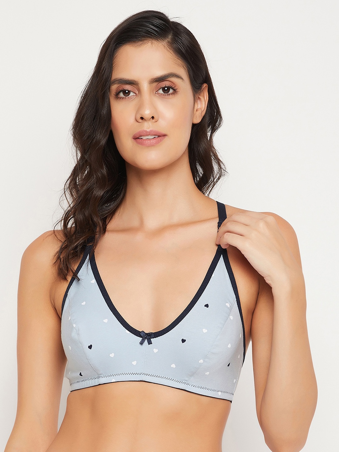 

Clovia Heart Print Non-Padded Non-Wired Cotton Full Cup Racerback Bra, Blue