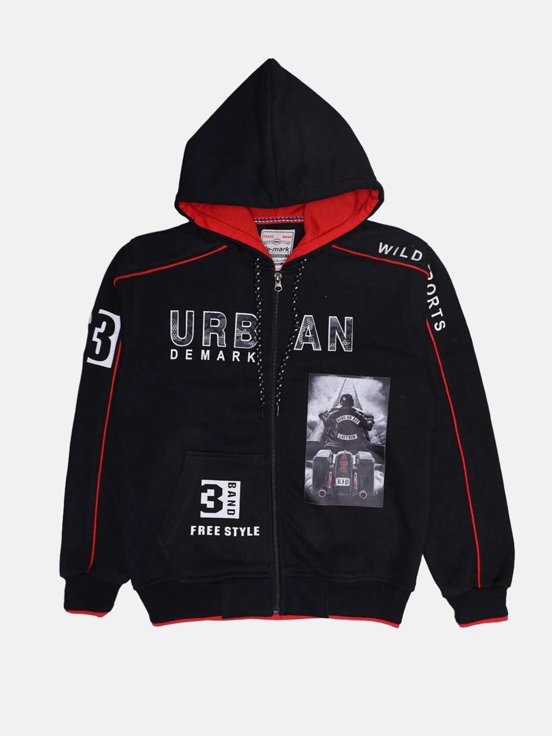 

CHIMPRALA Boys Black Printed Hooded Cotton Sweatshirt