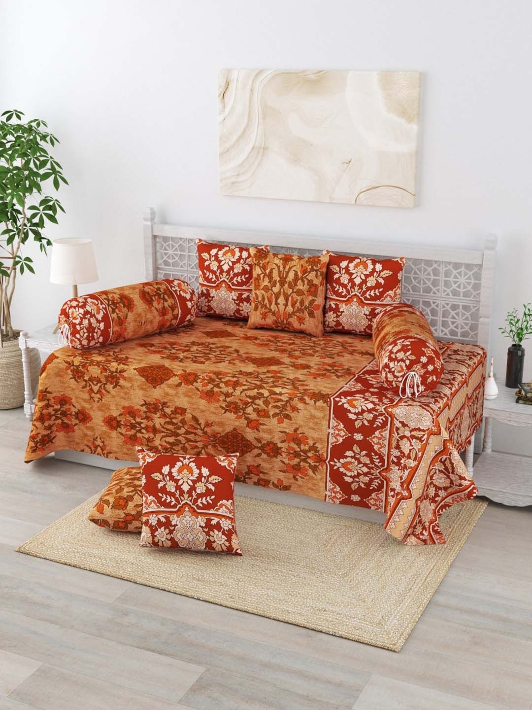 

Salona Bichona Mustard Yellow & Brown Printed 120 TC Pure Cotton Diwan Set