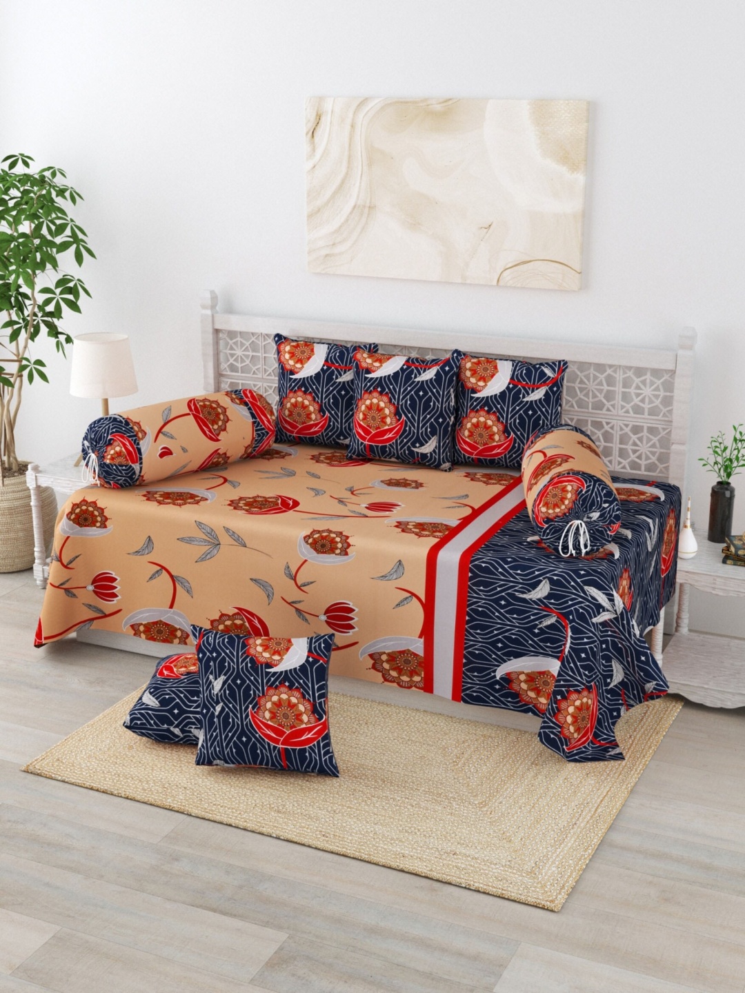 

Salona Bichona 8-Pieces Beige & Blue Printed 120 TC Pure Cotton Diwan Set