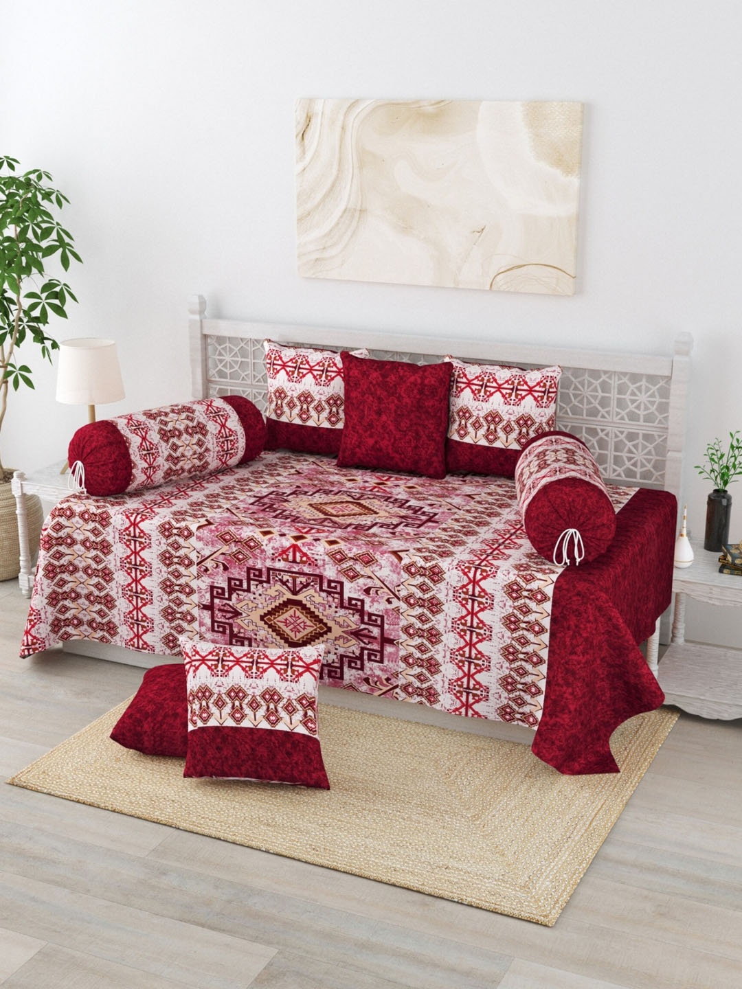 

Salona Bichona Set Of 8 Red Printed Pure Cotton Diwan Set