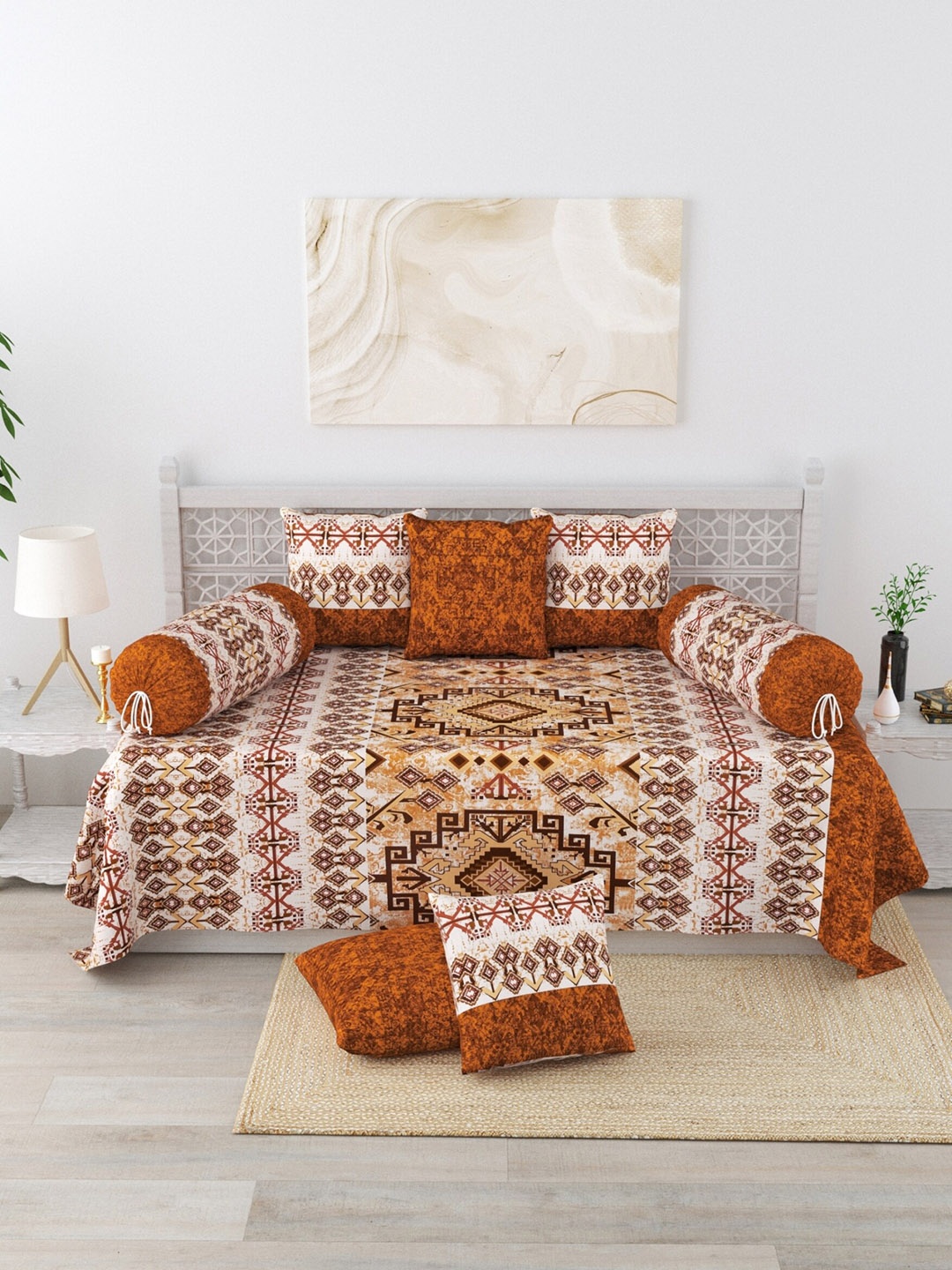 

Salona Bichona Set Of 8 Brown & Cream Printed 120 TC Pure Cotton Diwan Set