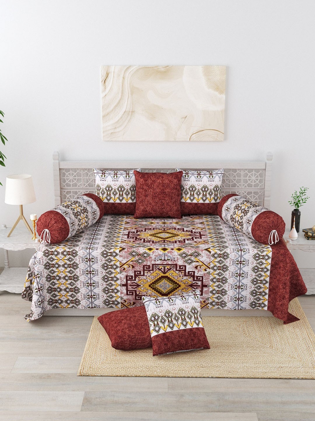 

Salona Bichona Set Of 8 Maroon & White 120 TC Printed Cotton Diwan Set