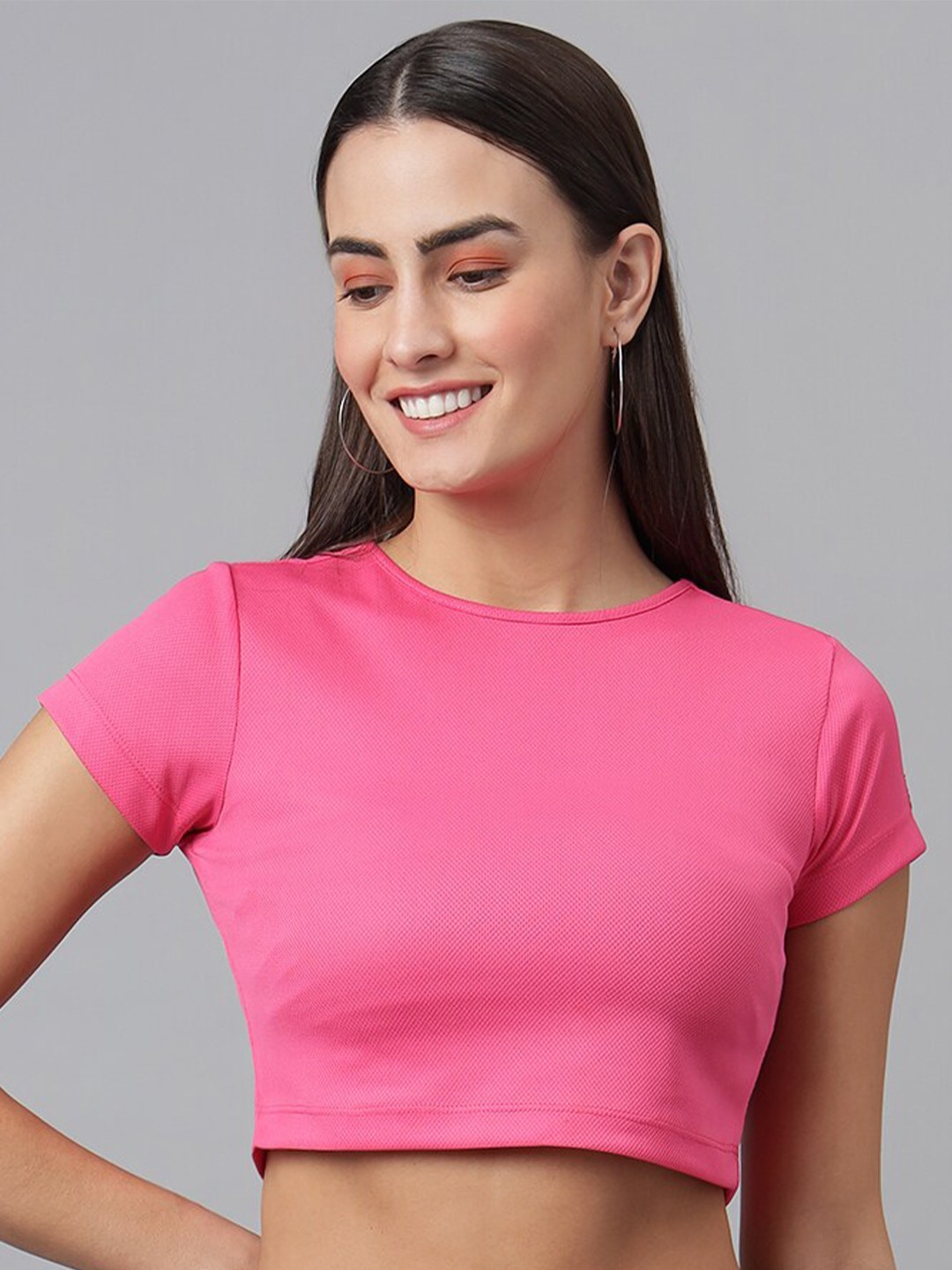 

FINSBURY LONDON Women Pink Solid Round Neck Crop Top