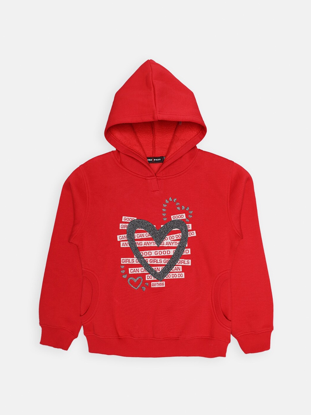 

CHIMPRALA Girls Red Printed Cotton Hooded Sweatshirt