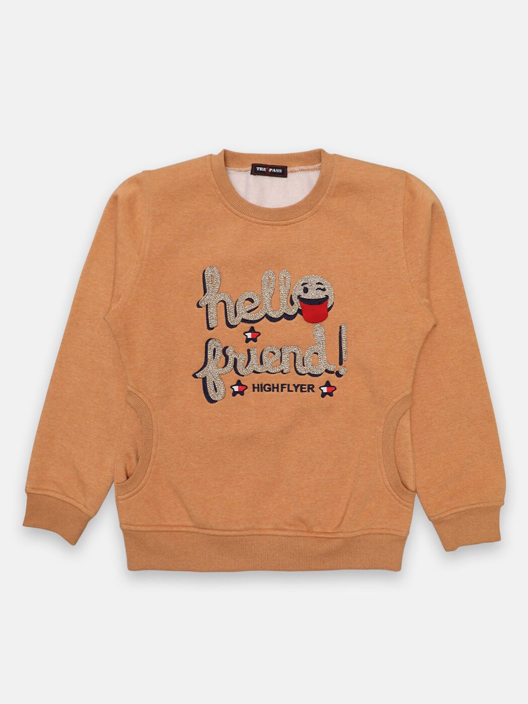 

CHIMPRALA Girls Camel Brown Printed Cotton Sweatshirt