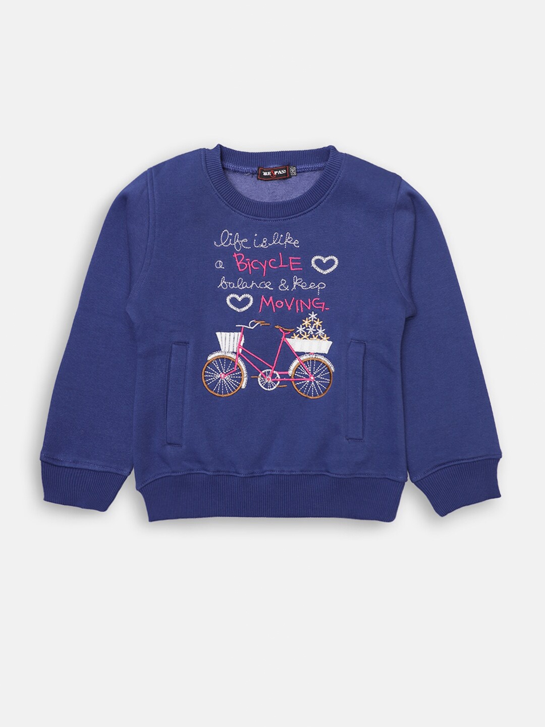 

CHIMPRALA Girls Blue Embroidered Cotton Sweatshirt