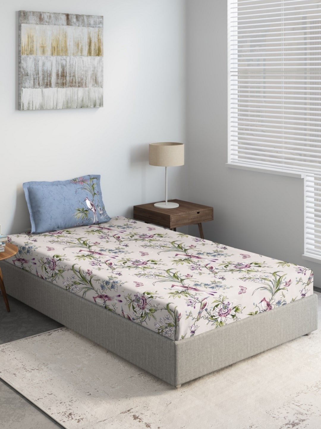 

DDecor Beige & Purple 130 TC Floral Cotton Single Bedsheet with 1 Pillow Cover