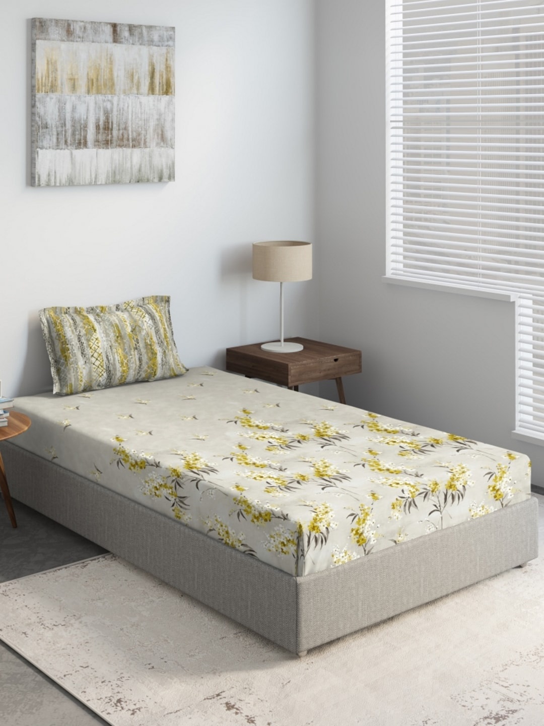 

DDecor Grey & Yellow 130 TC Floral Cotton Single Bedsheet with 1 Pillow Cover