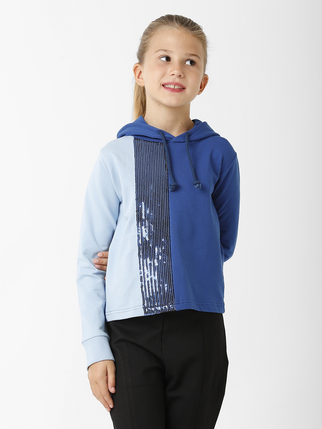 

KATE & OSCAR Girls Blue Colourblocked Embroidered Hooded Sweatshirt