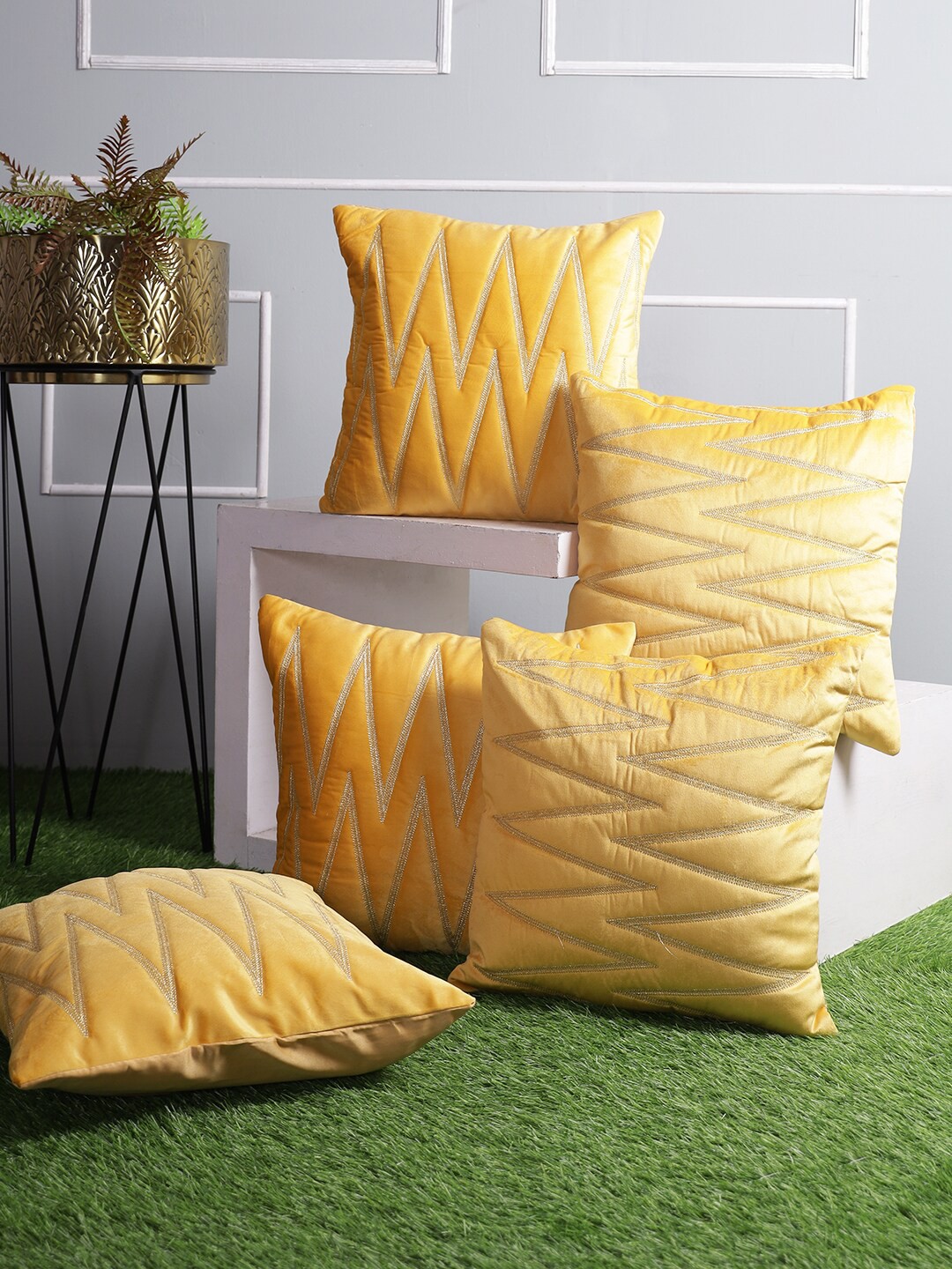 

ROMEE Set of 5 Geometric Velvet Square Cushion Covers, Yellow
