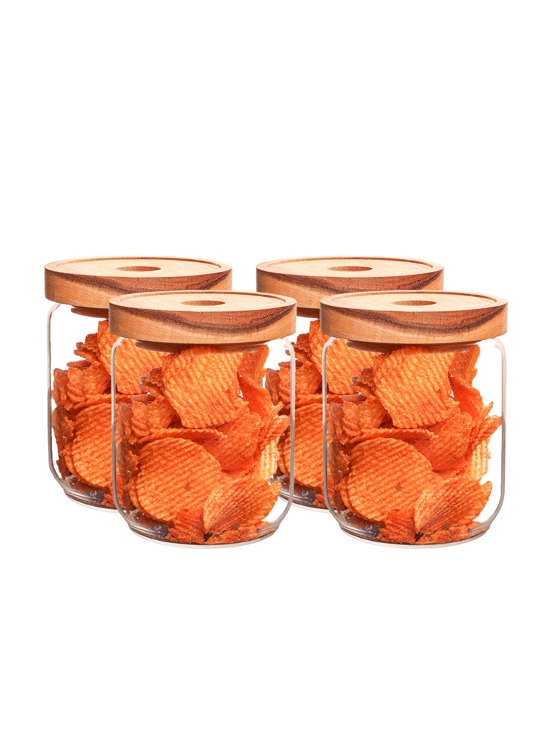 

Femora Borosilicate Transparent Set Of 4 Glass Jar with Bamboo Lid 450 ml Each