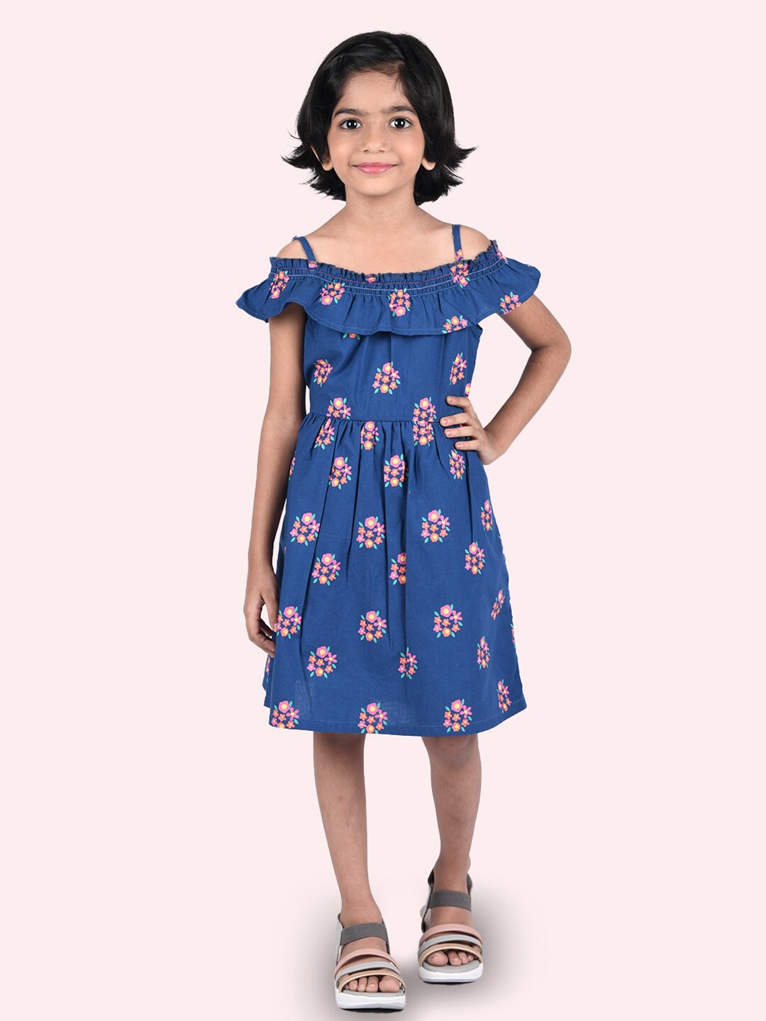 

Zalio Girls Navy Blue & Pink Floral Printed Pure Cotton Off-Shoulder A-Line Dress