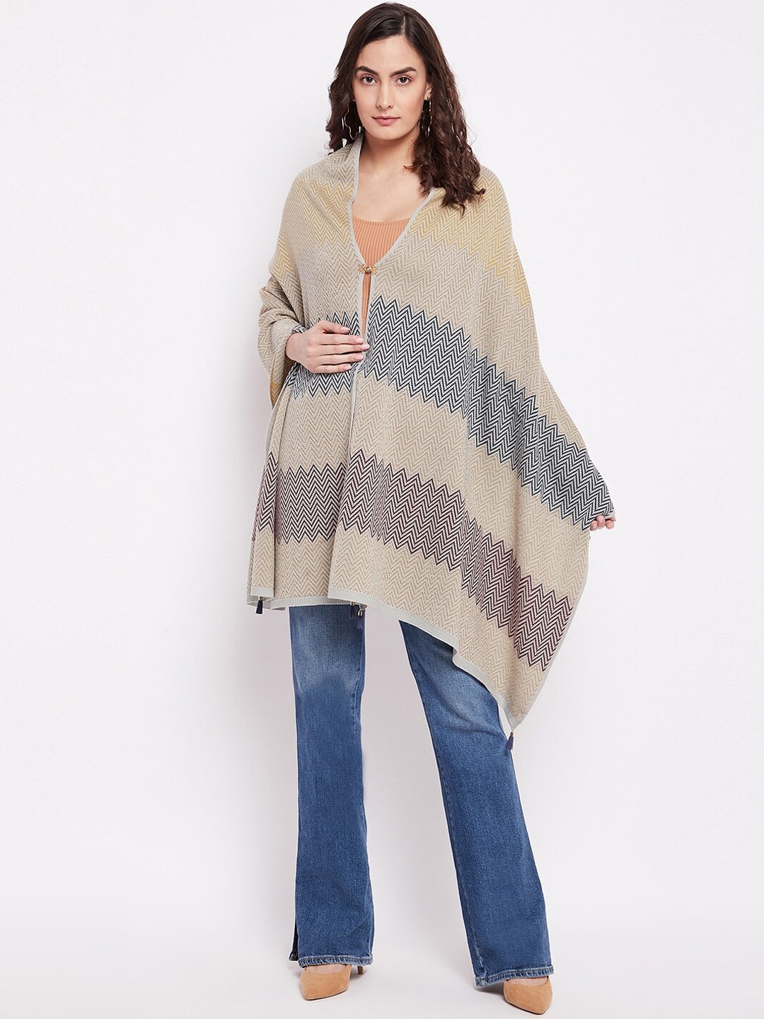 

Knitstudio Women Beige Striped Knitted Shawl