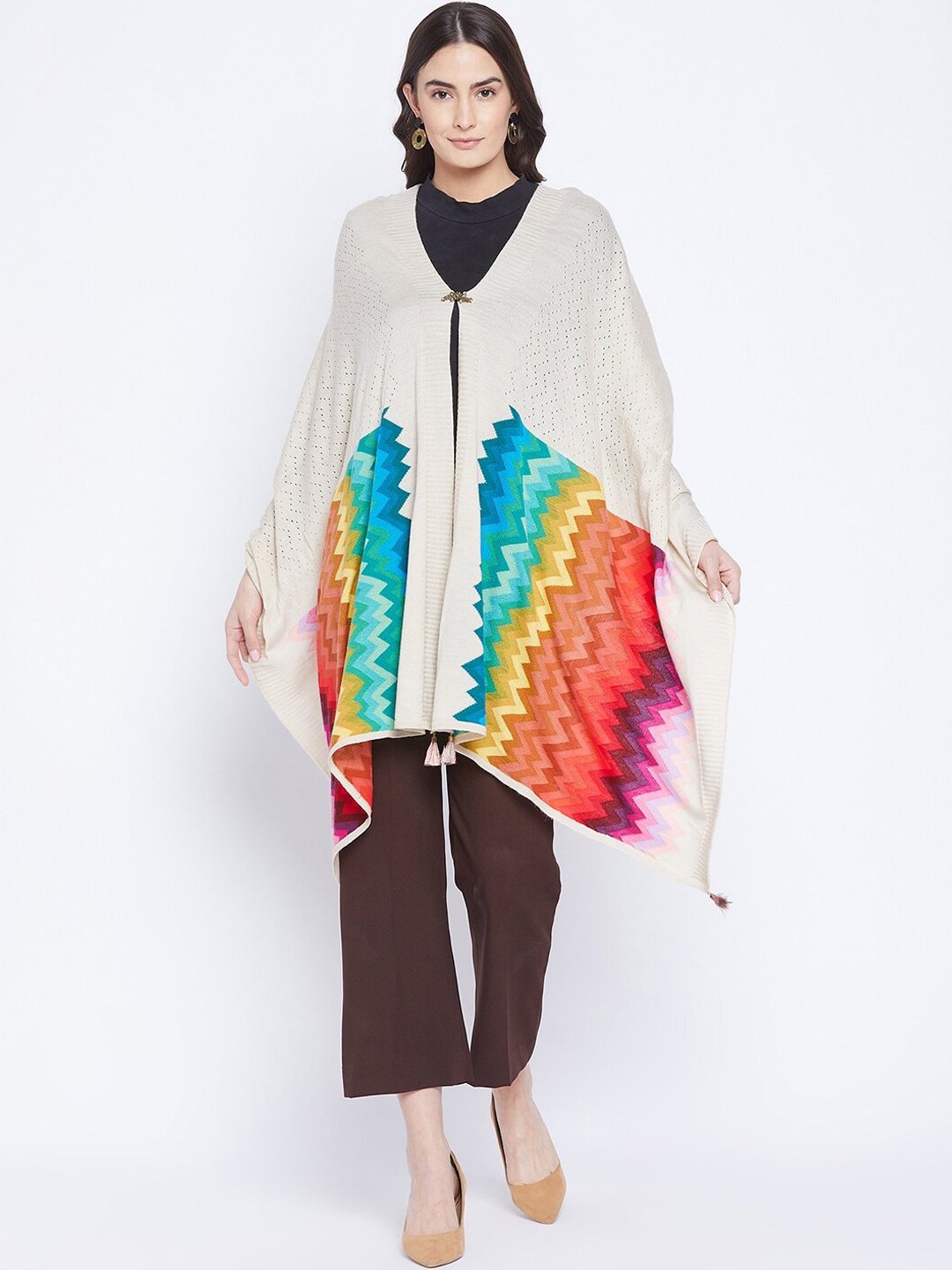 

Knitstudio Women White & Multicolor Chevron Woven Design Knitted Shawl