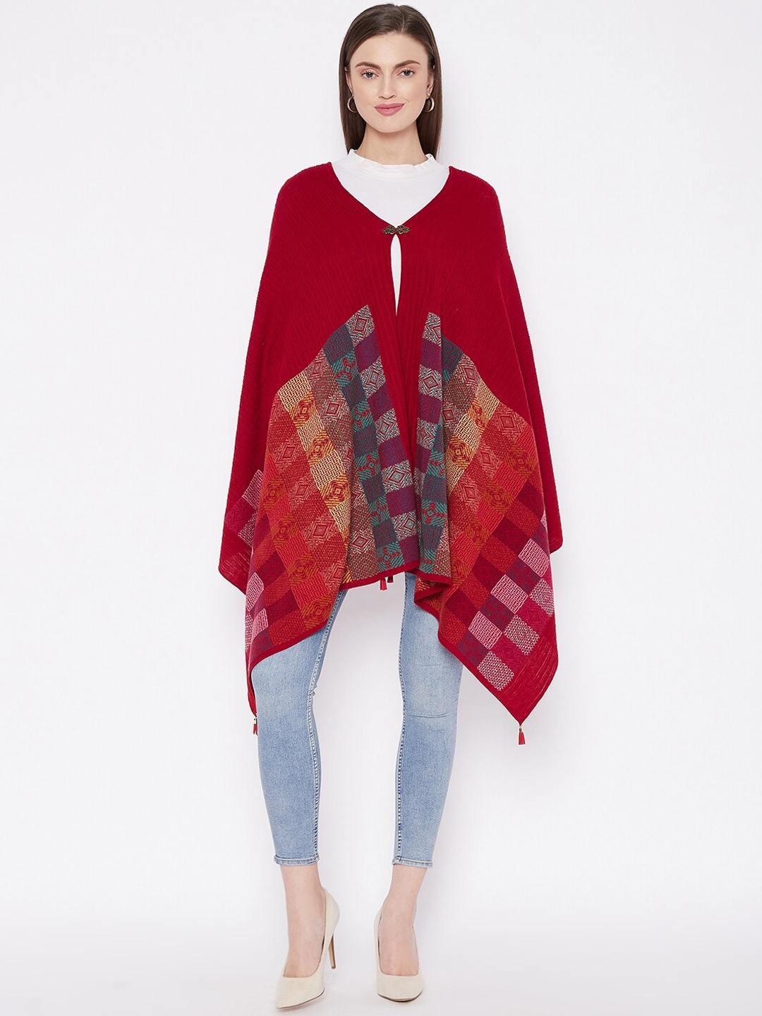 

Knitstudio Women Red Checked Woven Design Knitted Shawl