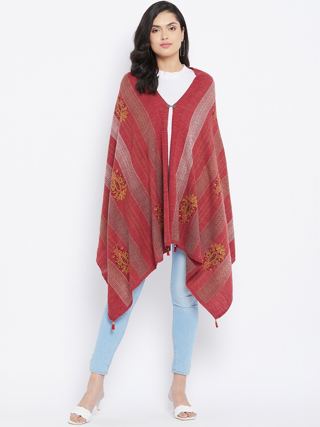 

Knitstudio Women Red Ethnic Motifs Woven Design Knitted Shawl