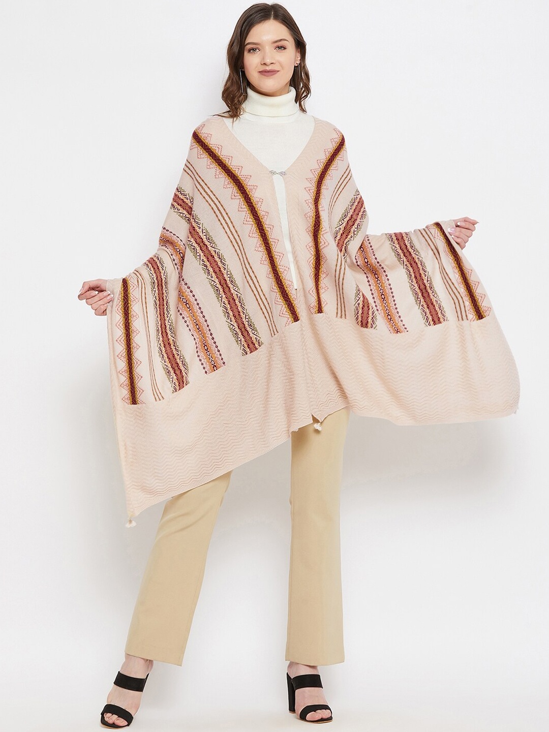 

Knitstudio Women Beige Ethnic Motif Woven Design Knitted Shawl