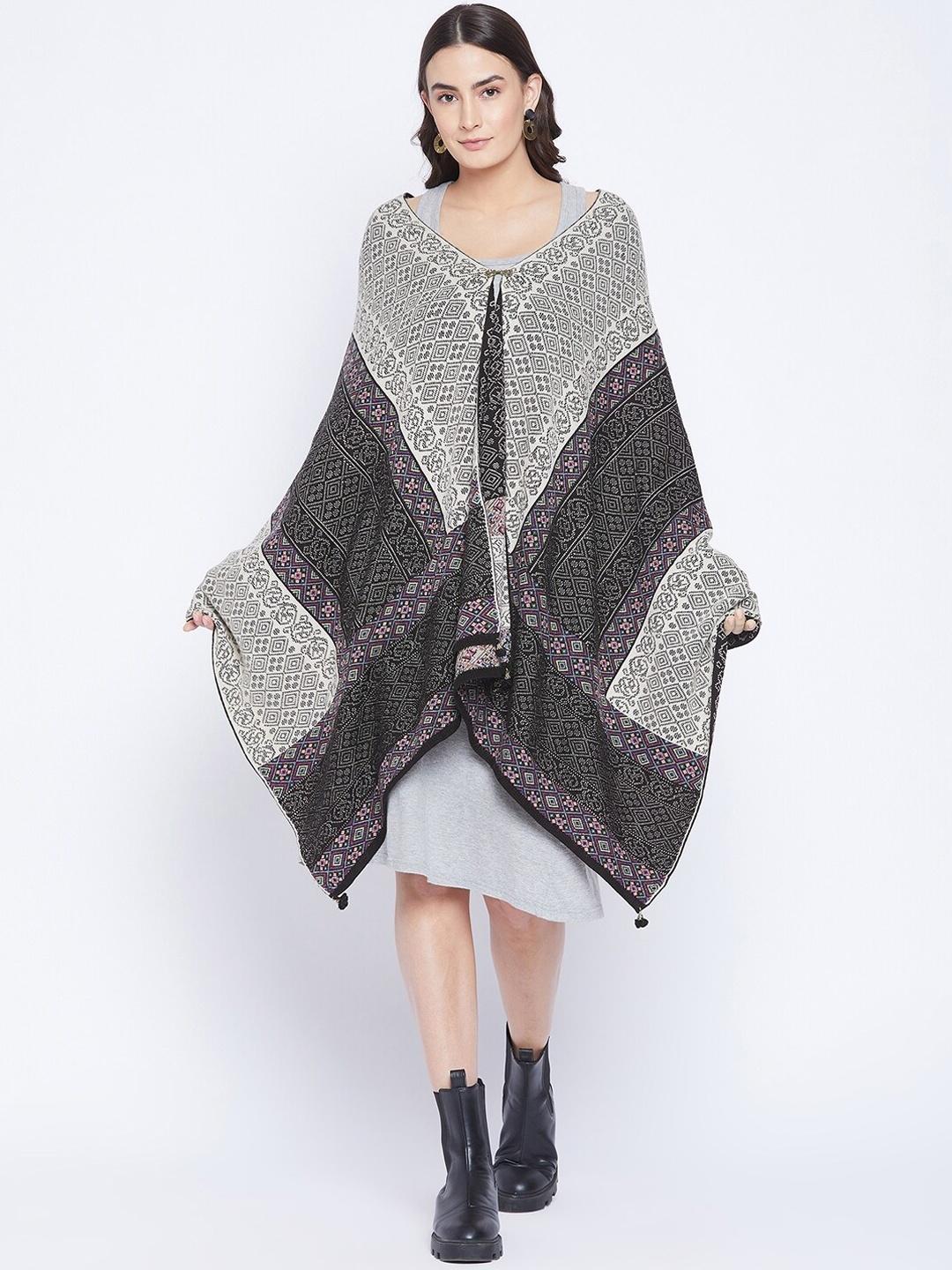 

Knitstudio Women Black & Grey Ethnic Motifs Woven Knitted Shawl