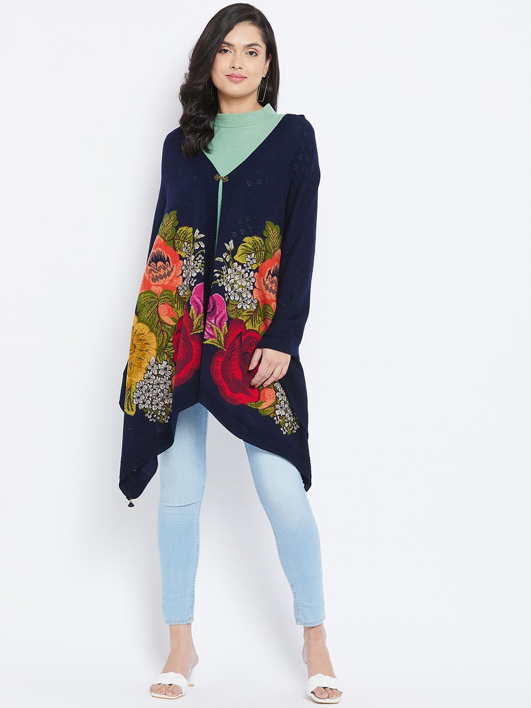 

Knitstudio Women Navy Blue & Red Floral Woven Design Shawl