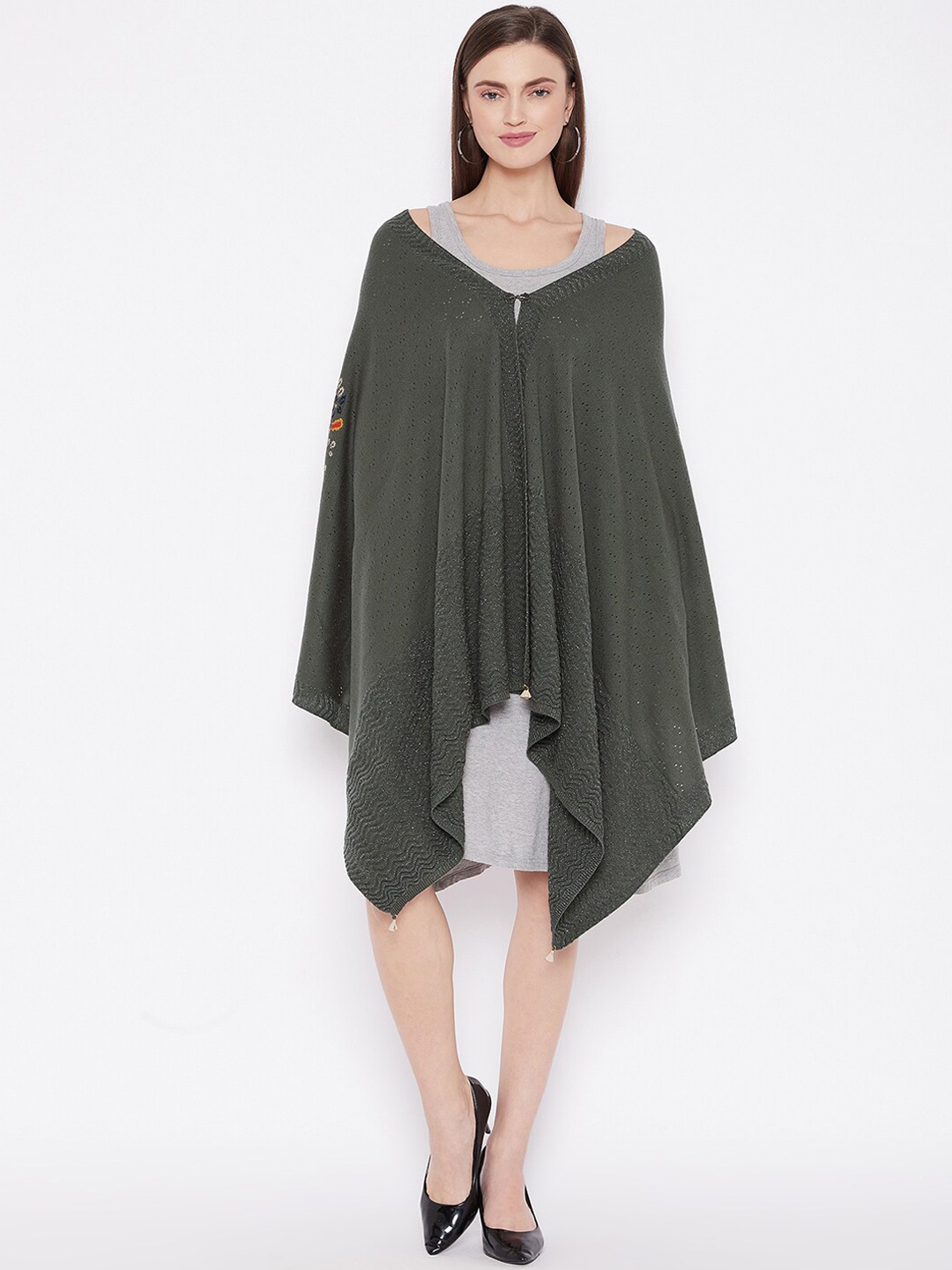 

Knitstudio Women Olive-Coloured Floral Back Woven-Design Knitted Shawl