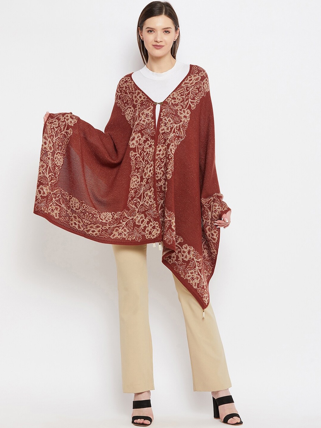 

Knitstudio Women Rust Floral Woven Design Knitted Shawl