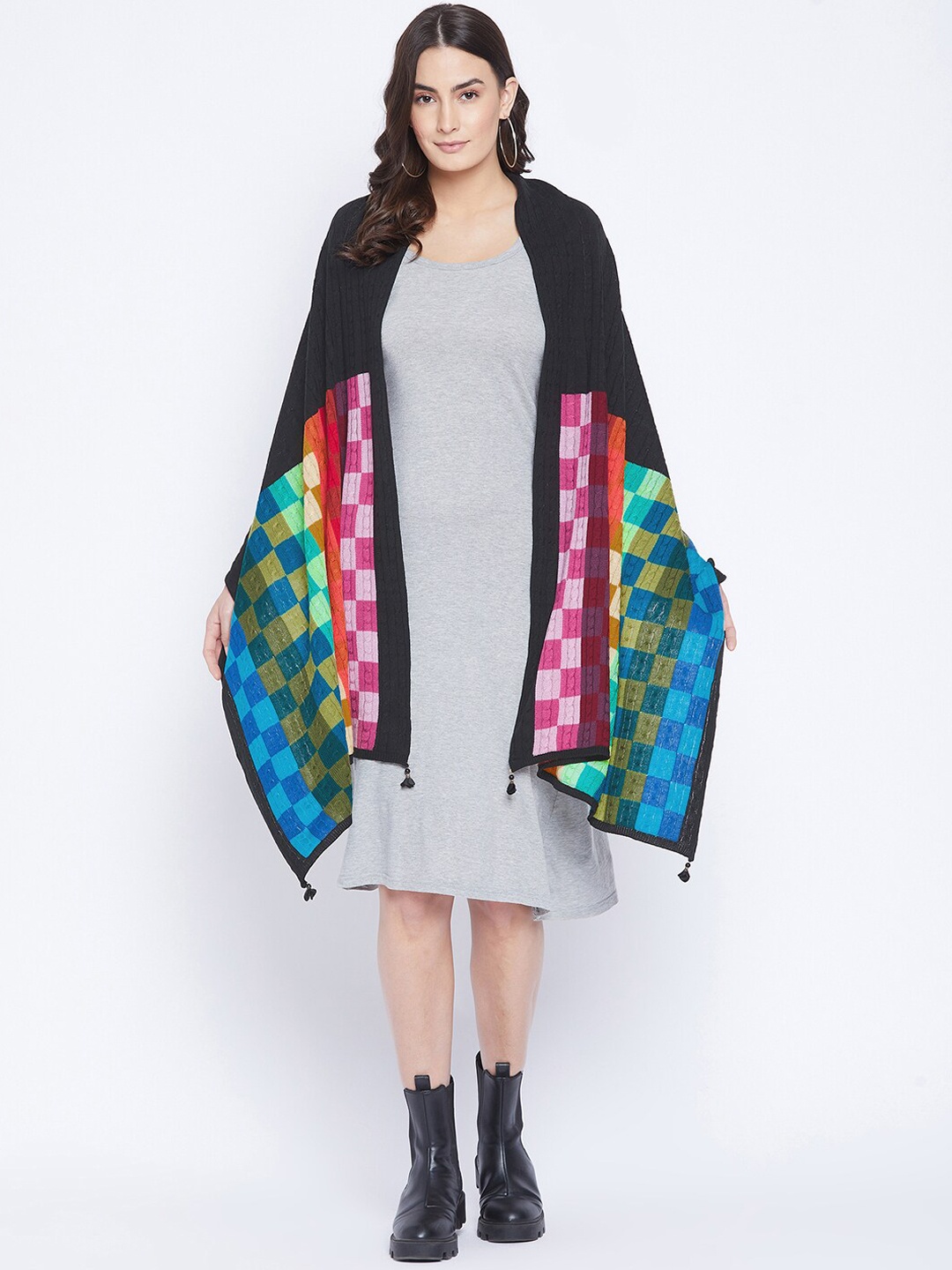 

Knitstudio Women Black & Pink Checked Ethnic Motif Woven Knitted Shawl
