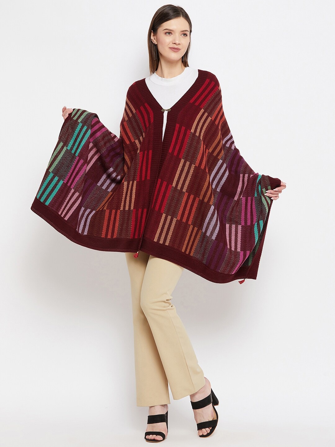 

Knitstudio Women Maroon Striped Woven Design Knitted Shawl