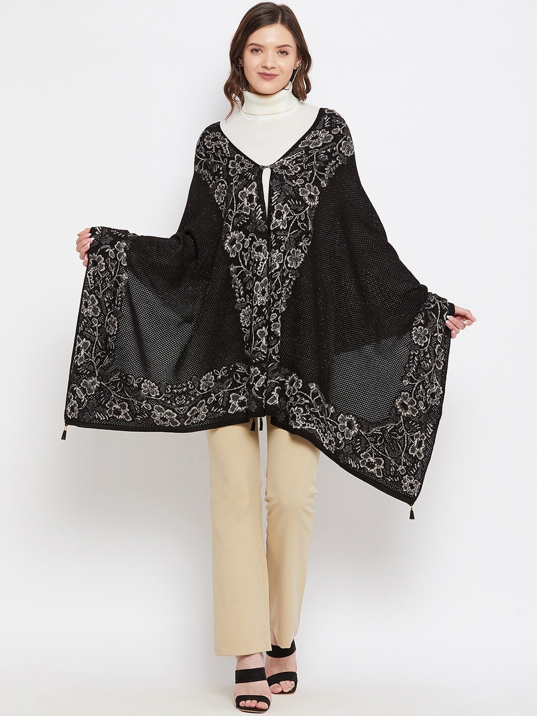 

Knitstudio Women Black Ethnic Motif Woven Design Knitted Shawl