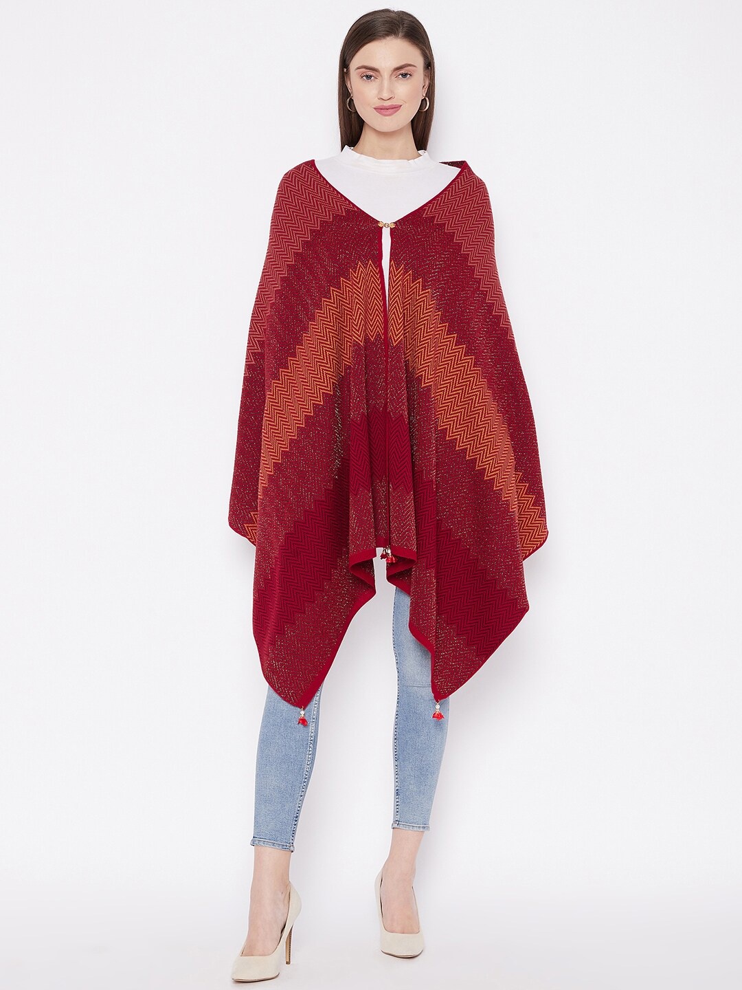 

Knitstudio Women Red Chevron Woven Design Knitted Shawl