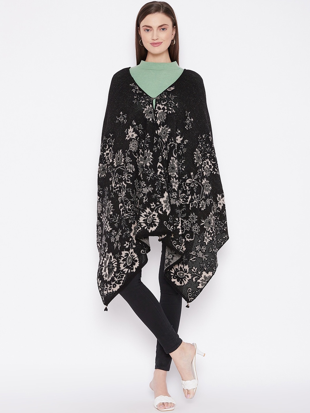

Knitstudio Women Black Floral Woven Design Knitted Shawl