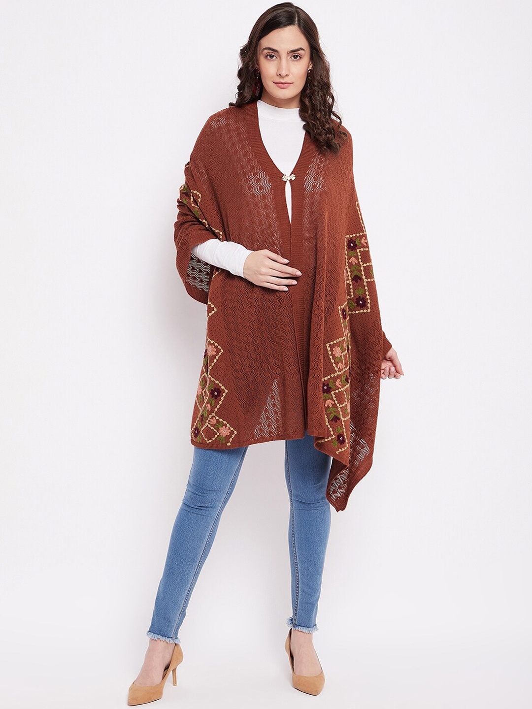 

Knitstudio Women Rust-Coloured Woven-Design Knitted Shawl