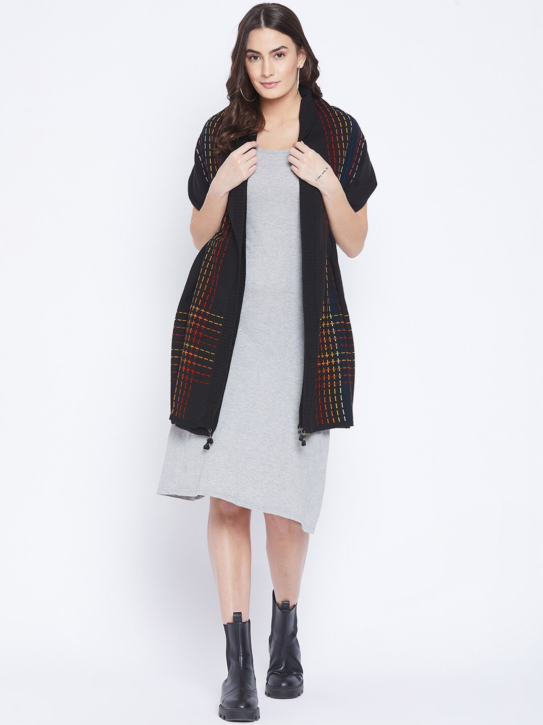 

Knitstudio Women Black Woven Design Knitted Shawl