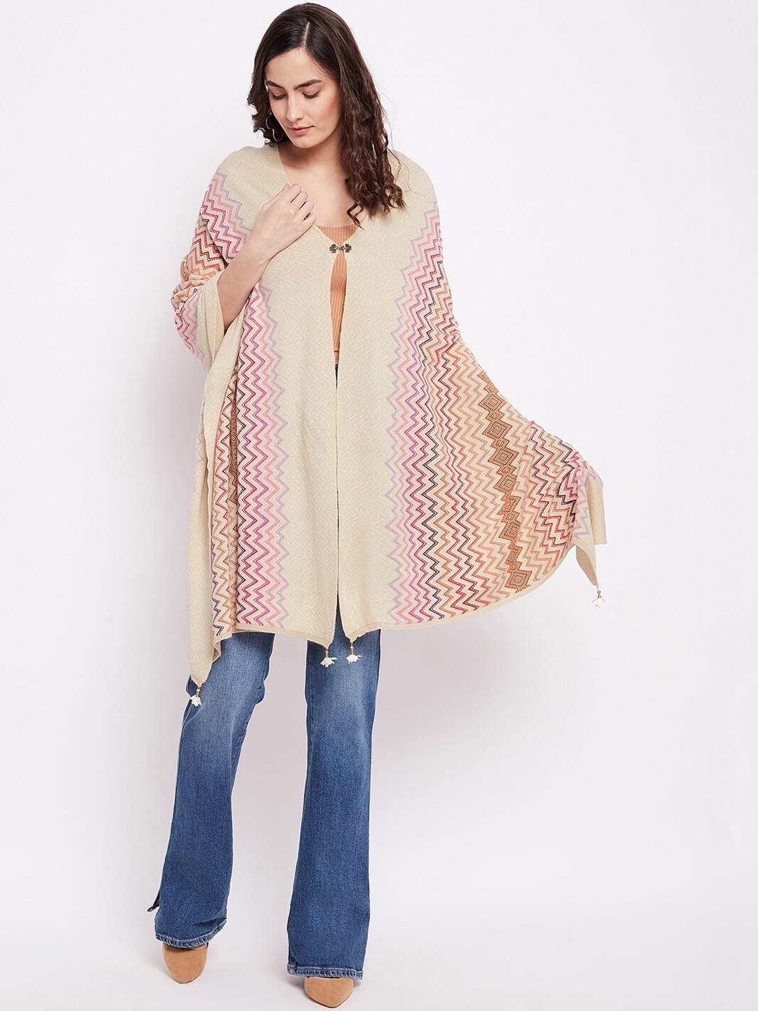 

Knitstudio Women Beige Woven-Design Knitted Shawl