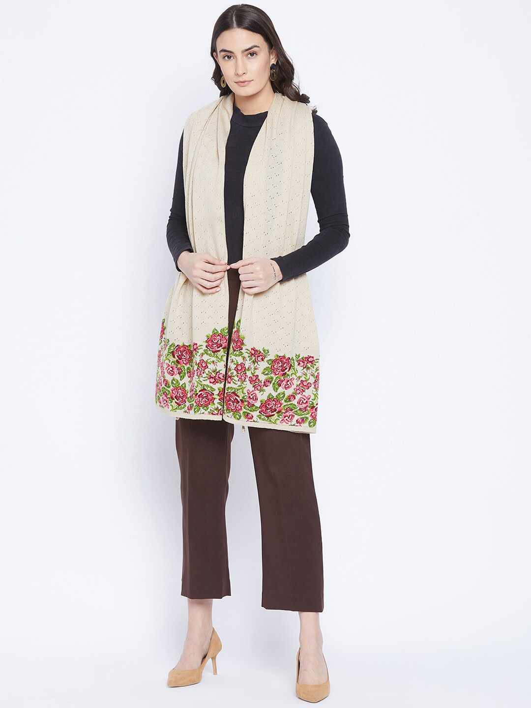 

Knitstudio Women Off White Woven-Design Shawl